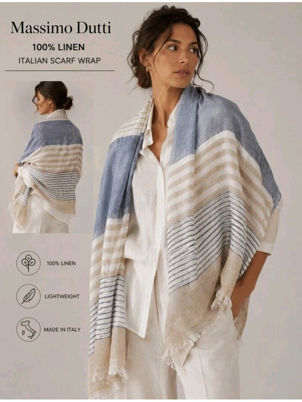 Massimo Dutti 100% Linen Scarf Wrap Striped 74"×25" Fringes